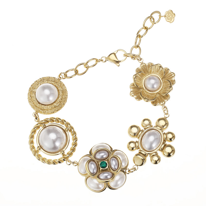 Rose & Camellia Rose & Camillia armband 4504 Bracelet Vintage flowers green & pearl gold 16 + 3 CM