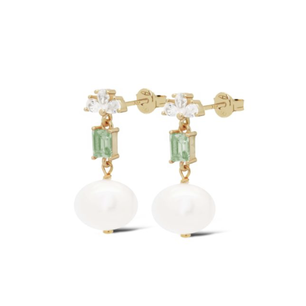 Karma Jewelry Karma Jewelry oorbellen X198_G Earrings Symbols XL Bowie zirconia pearl Green 925 silver gold plated 2 CM