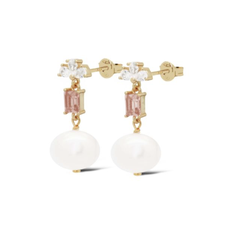 Karma Jewelry Karma Jewelry oorbellen X198_SA Earrings Symbols XL Bowie zirconia pearl Salmon 925 silver gold plated  2 CM