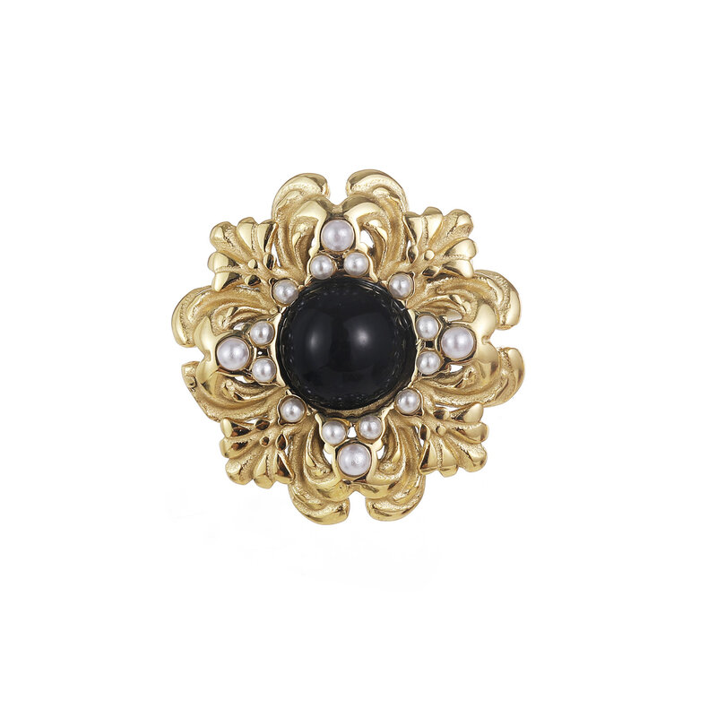 Rose & Camellia Rose & Camellia Broche 5951 Vintage Flower black with pearls & stones gold