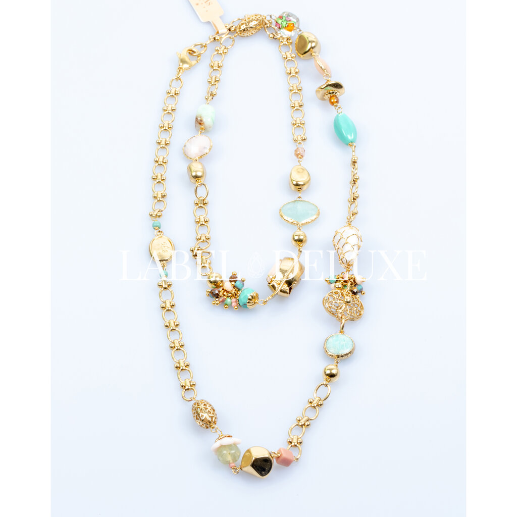 Gas Bijoux Jewelry Gas Bijoux ketting 496144 Sautoir Victorien long necklace pearls & colourful gemstones gold