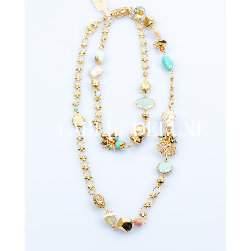 Gas Bijoux Jewelry Gas Bijoux ketting 496144 Sautoir Victorien long necklace pearls & colourful gemstones gold