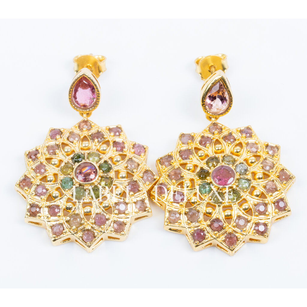 Label Deluxe Collection Label Deluxe Oorbellen LDLGOtoermalijn Earrings gemstones green pink 18 K gold plated  5 CM
