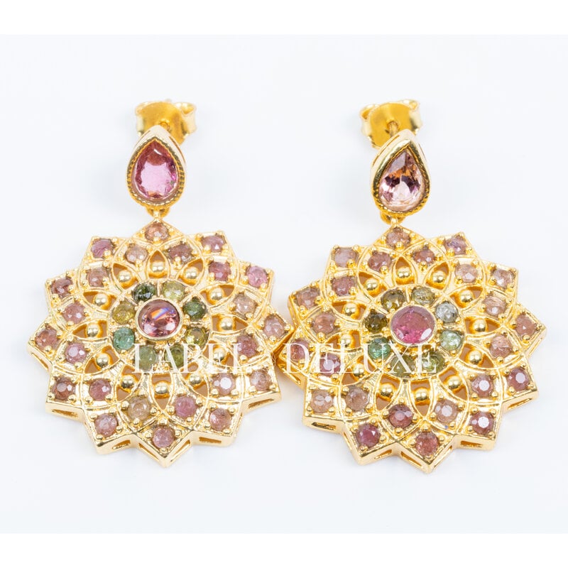 Label Deluxe Collection Label Deluxe Oorbellen LDLGOtoermalijn Earrings gemstones green pink 18 K gold plated  5 CM