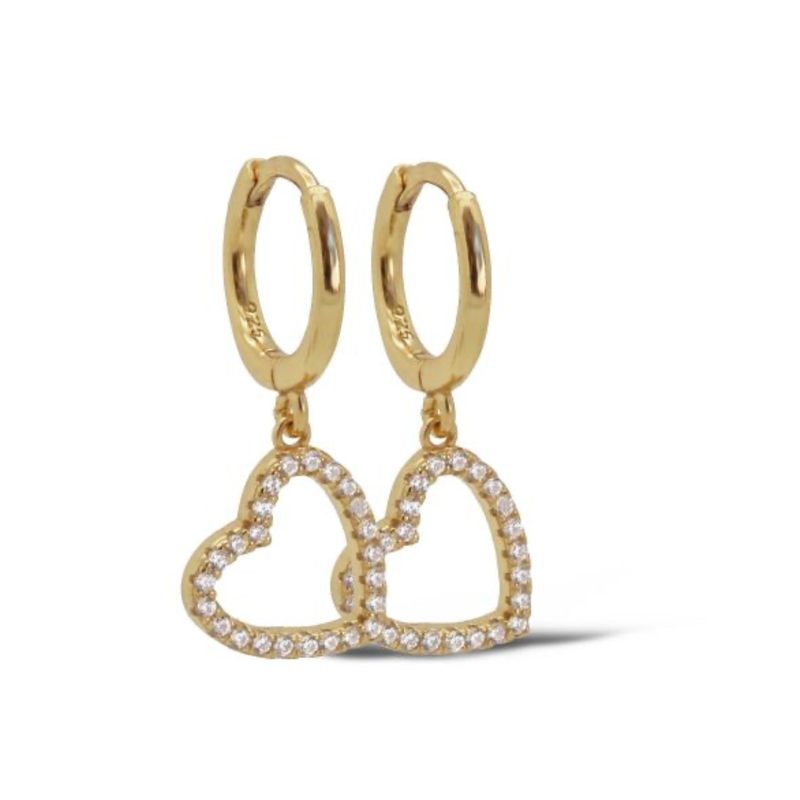 Karma Jewelry Karma Jewelry oorbellen A117 Earrings heart open stones 925 silver gold plated 2.3 CM