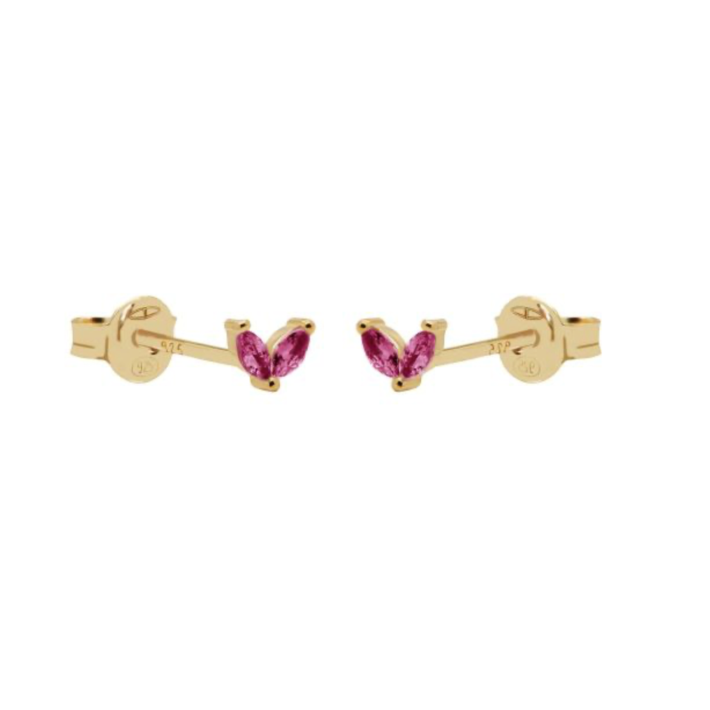 Karma Jewelry Karma Jewelry oorbellen R116RR Earrings Tiny double leaves Ruby red 925 silver gold plated