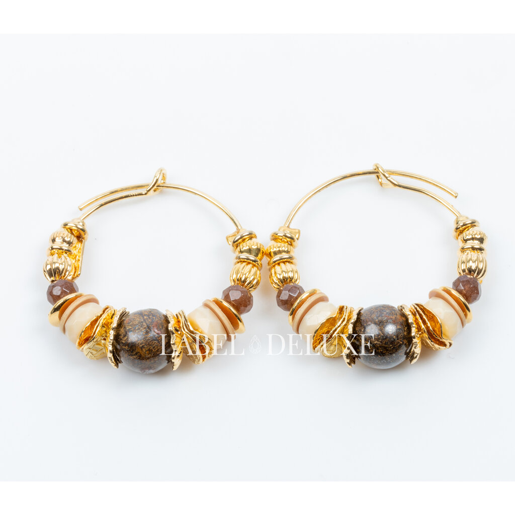 Gas Bijoux Jewelry Gas Bijoux oorbellen 475136 Aloha hoop earrings mini brown cream gold - D 3,2 cm W 0,5 cm