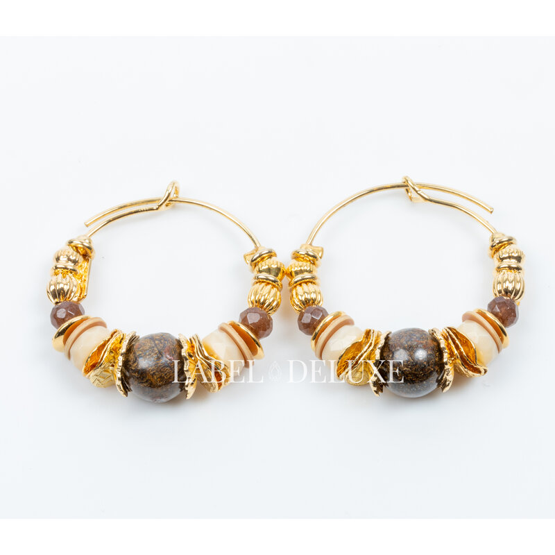 Gas Bijoux Jewelry Gas Bijoux oorbellen 475136 Aloha hoop earrings mini brown cream gold - D 3,2 cm W 0,5 cm