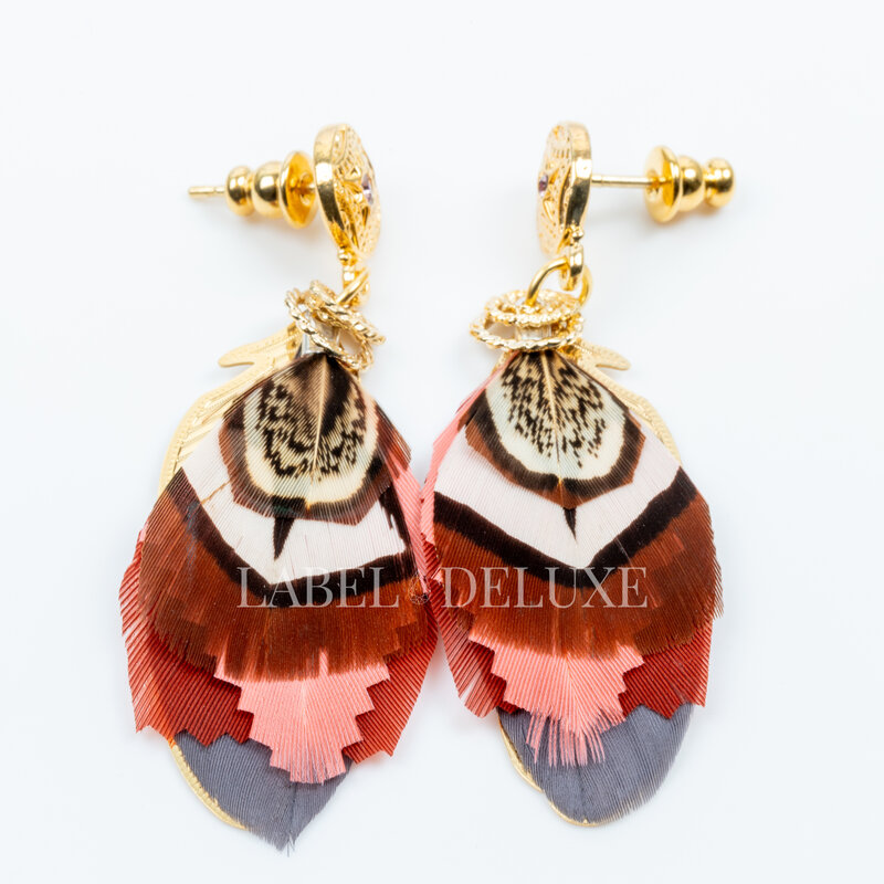 Gas Bijoux Jewelry Gas Bijoux oorbellen 162160 Earrings Sao feathers brown red pink grey gold 5.5 CM