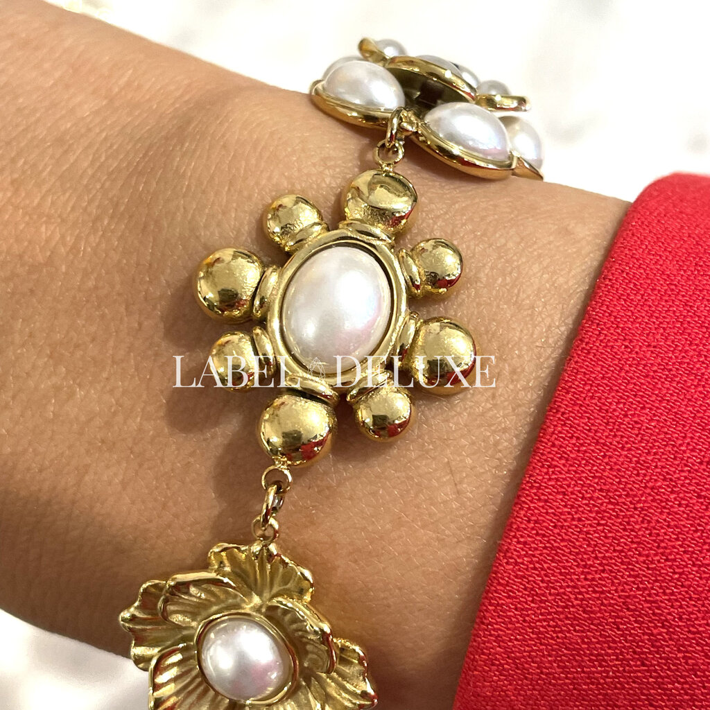 Rose & Camellia Rose & Camillia armband 4504 Bracelet Vintage flowers green & pearl gold 16 + 3 CM