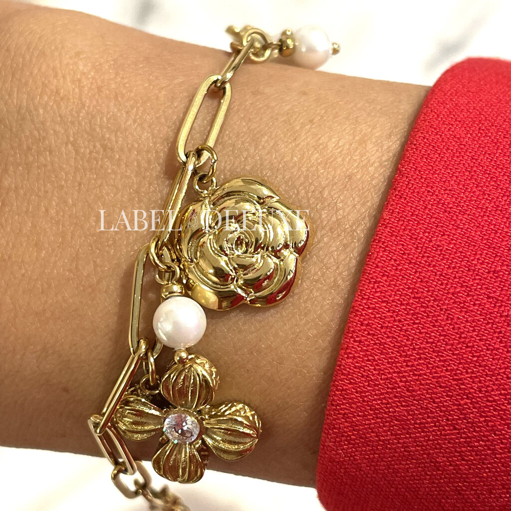 Rose & Camellia Rose & Camellia armband 14505 Bracelet Vintage charms pearls gold 16+ 3 CM