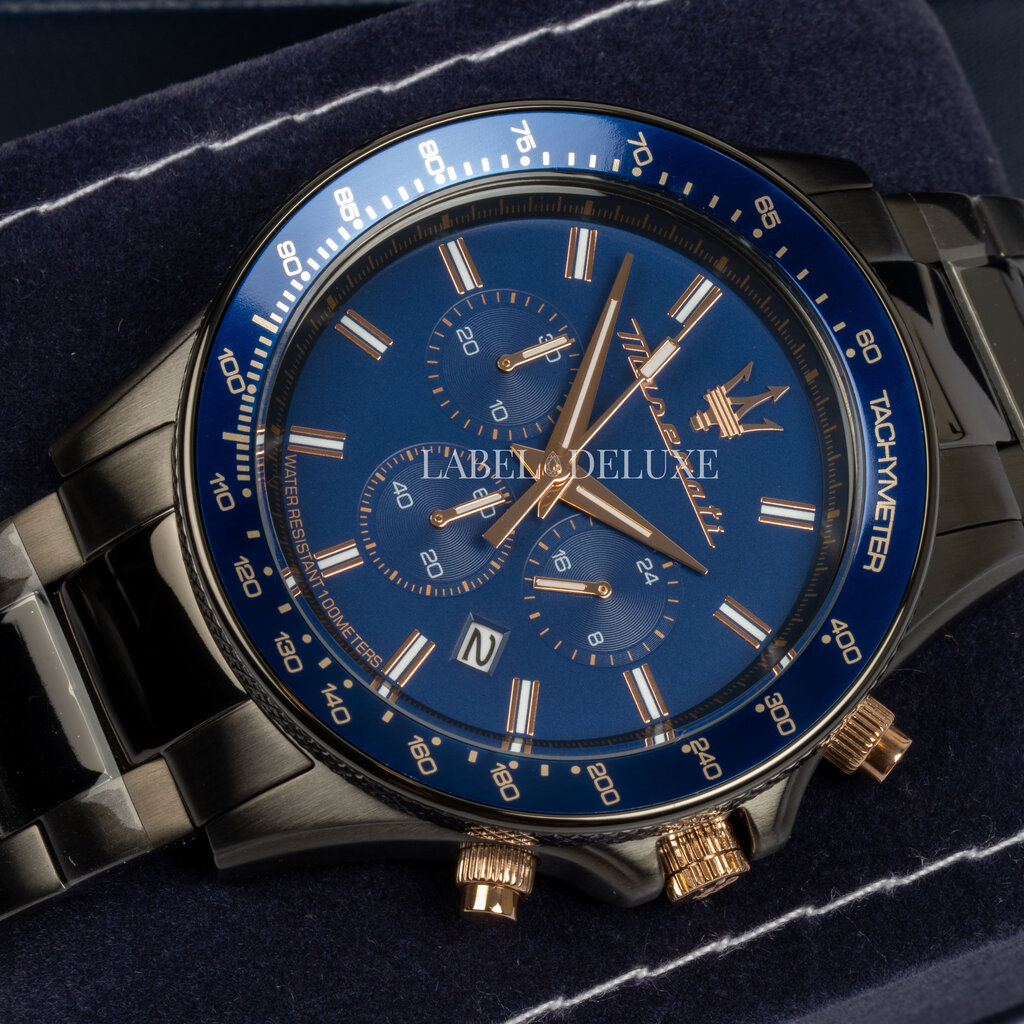 Maserati Maserati R8873640001 Sfida chronograaf watch (gunmetal/blauw-rosé goud) 44mm  heren horloge