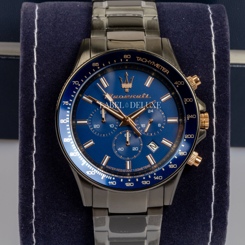 Maserati Maserati R8873640001 Sfida chronograaf watch (gunmetal/blauw-rosé goud) 44mm  heren horloge