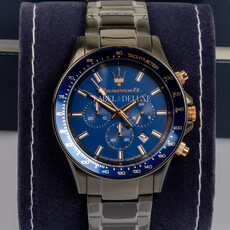Maserati Maserati R8873640001 Sfida chronograaf watch (gunmetal/blauw-rosé goud) 44mm  heren horloge