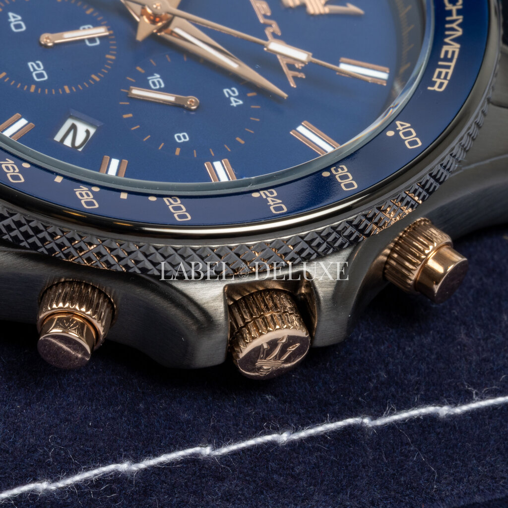 Maserati Maserati R8873640001 Sfida chronograaf watch (gunmetal/blauw-rosé goud) 44mm  heren horloge