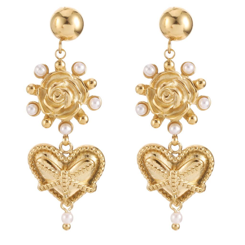 Rose & Camellia Rose & Camellia oorbellen 912507 Earrings roses & heart with pearls gold 3.5 CM