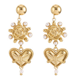 Rose & Camellia Rose & Camellia oorbellen 912507 Earrings roses & heart with pearls gold 3.5 CM