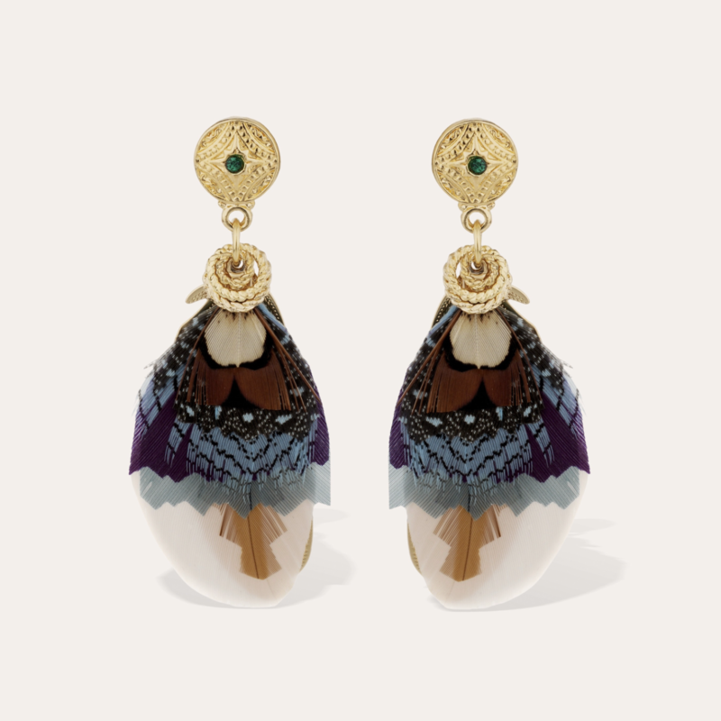 Gas Bijoux Jewelry Gas Bijoux oorbellen 162160 Earrings Sao Feathers Blue creme green gold small size 5.5 CM
