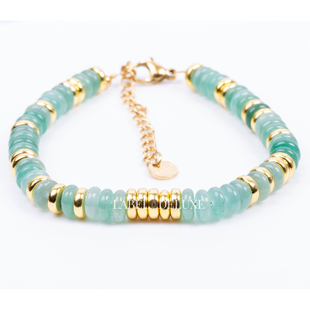 Label Deluxe Bijoux Label Deluxe armband LDLBRA000235 Bracelet Green Aventurine gold SS 17 + 5 CM