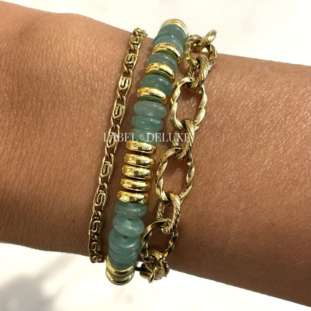 Label Deluxe Bijoux Label Deluxe armband LDLBRA000235 Bracelet Green Aventurine gold SS 17 + 5 CM