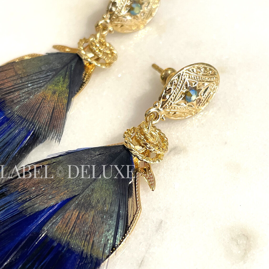 Gas Bijoux Jewelry Gas Bijoux oorbellen 162160 Earrings Sao Feathers blue black pauw gold small size 7 CM