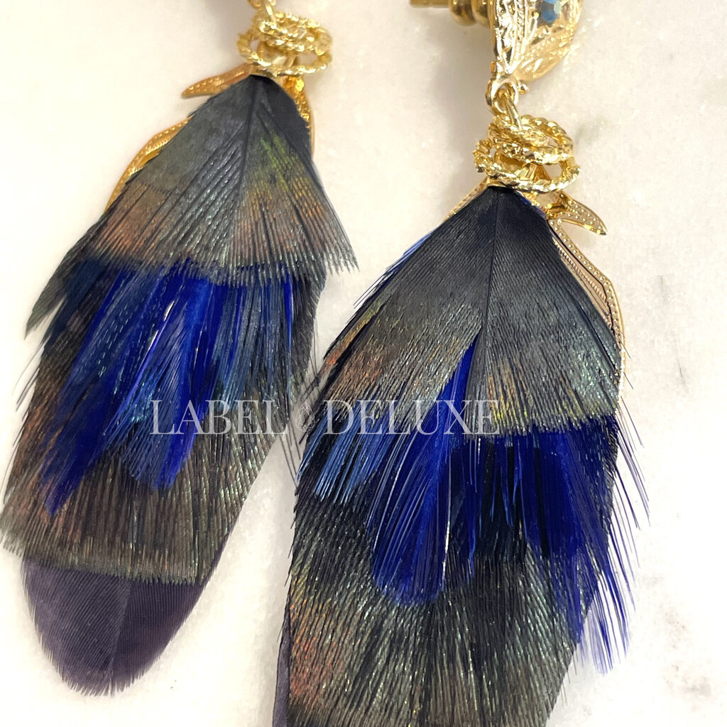 Gas Bijoux Jewelry Gas Bijoux oorbellen 162160 Earrings Sao Feathers blue black pauw gold small size 7 CM