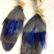 Gas Bijoux Jewelry Gas Bijoux oorbellen 162160 Earrings Sao Feathers blue black pauw gold small size 7 CM
