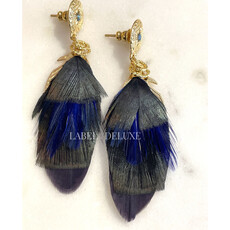 Gas Bijoux Jewelry Gas Bijoux oorbellen 162160 Earrings Sao Feathers blue black pauw gold small size 7 CM