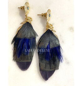 Gas Bijoux Jewelry Gas Bijoux oorbellen 162160 Earrings Sao Feathers blue black pauw gold small size 7 CM