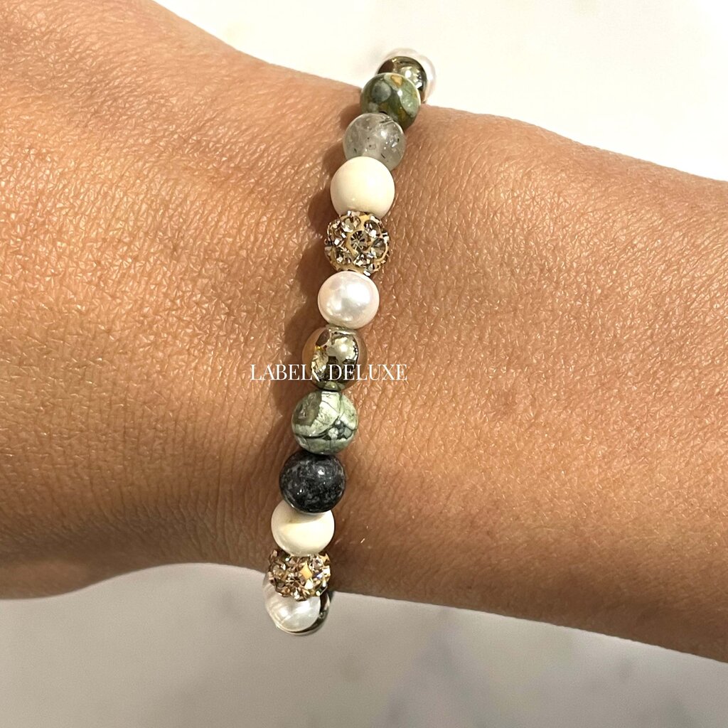 Karma Jewelry Karma Jewelry Armband 83762EL Bracelet Spriral Around the world XS elastic beads green gold crystal 6 MM