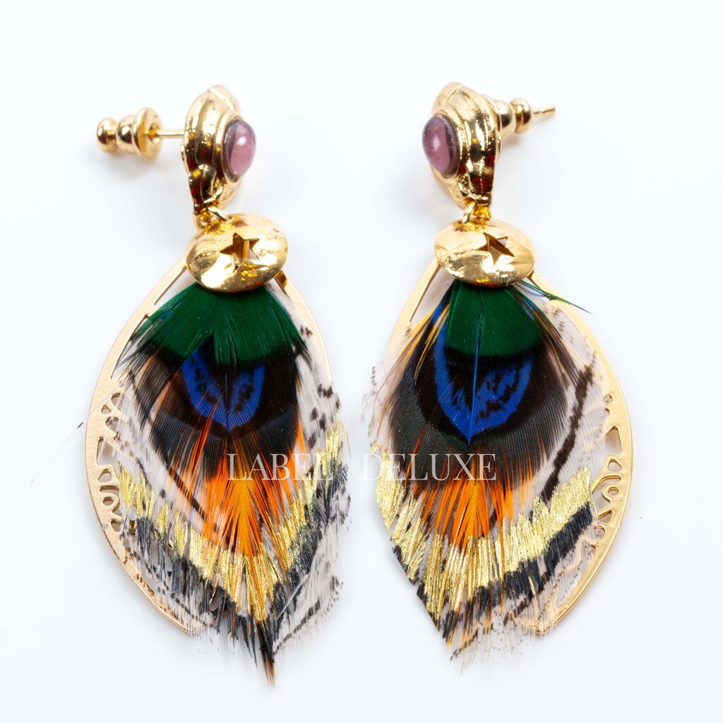 Gas Bijoux Jewelry Gas Bijoux oorbellen 306929 Earrings Sao Feathers green purple orange gold small size 7 CM