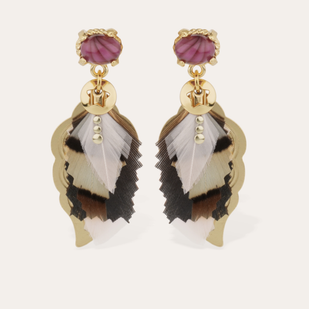 Gas Bijoux Jewelry Gas Bijoux oorbellen 244876 Earrings Sao Feathers red light pink brown gold small size 4.5 CM