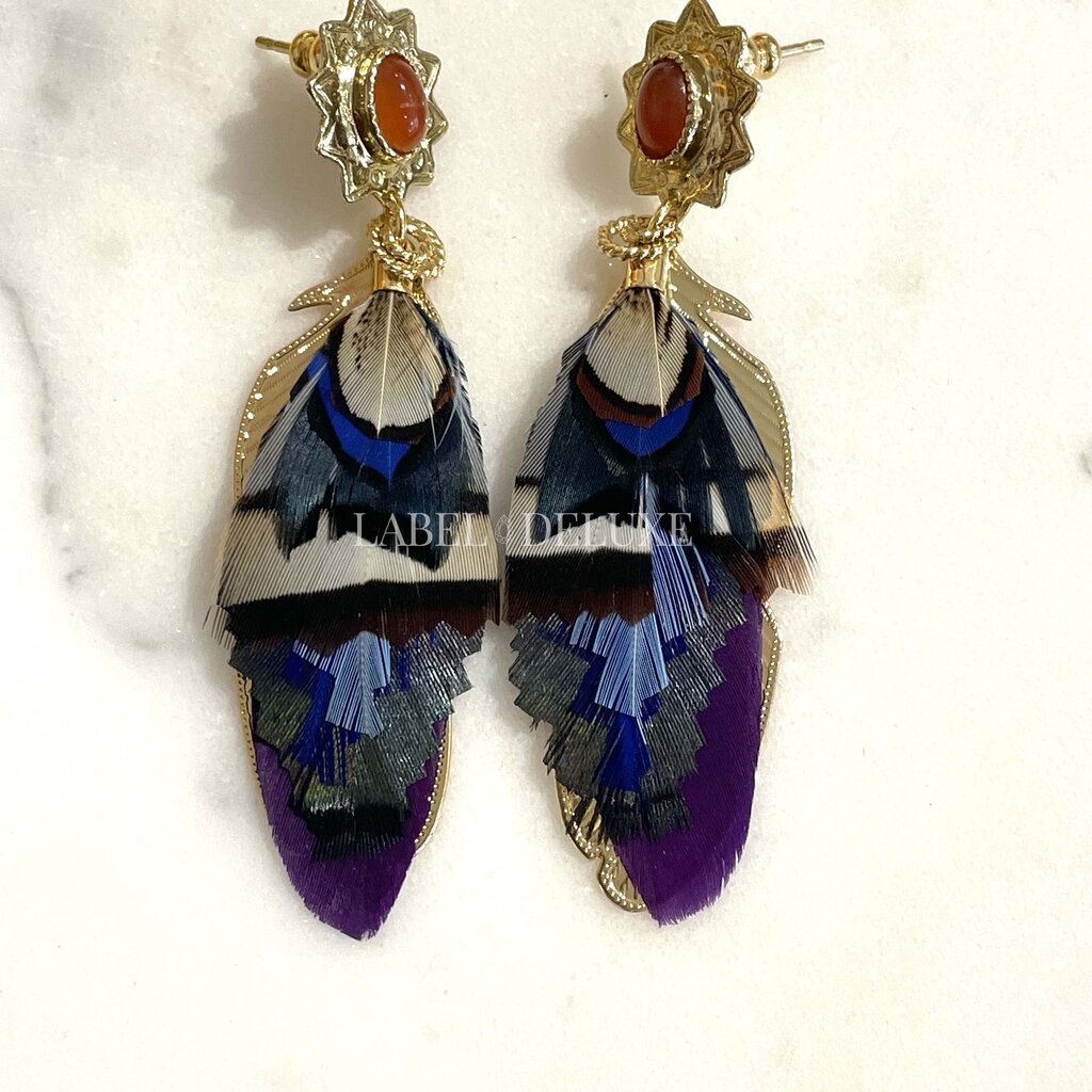 Gas Bijoux Jewelry Gas Bijoux oorbellen 197632 Earrings Sao Feathers blue purple beige gold size 7 CM