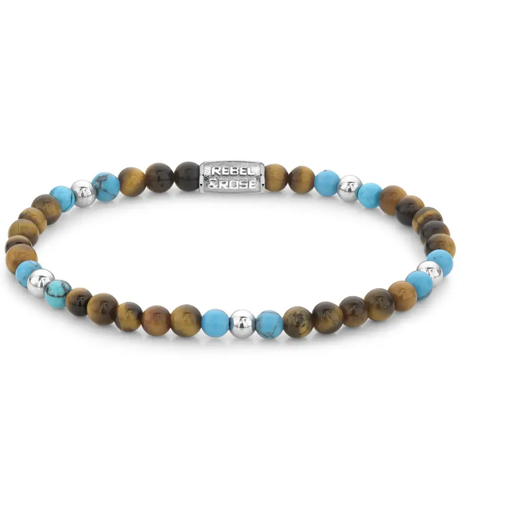 Rebel & Rose Rebel & Rose armband RR-40109-S-S Mix Tiger Turquoise - roestvrijstaal - zilver - tiger eye -16.5 CM - 4mm