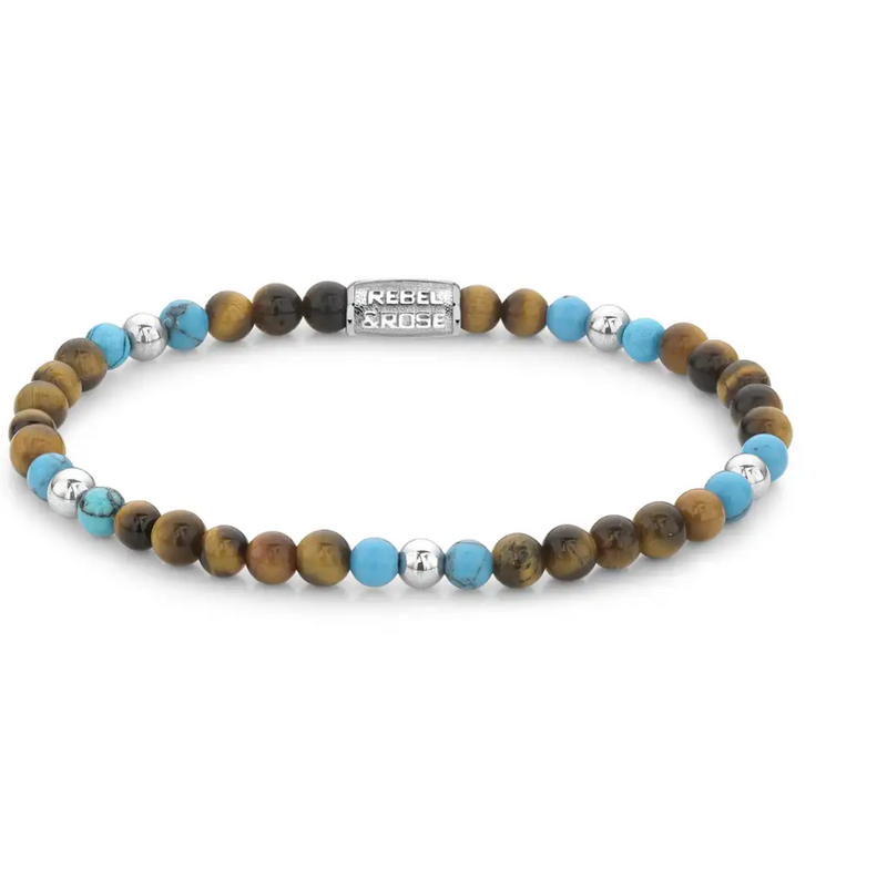 Rebel & Rose Rebel & Rose armband RR-40109-S-S Mix Tiger Turquoise - roestvrijstaal - zilver - tiger eye -16.5 CM - 4mm