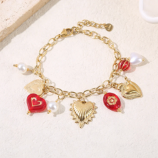 Label Deluxe Bijoux Label Deluxe EP armband 6580 Hearts red pearls 17 + 3 CM