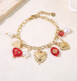 Label Deluxe Bijoux Label Deluxe EP armband 6580 Hearts red pearls 17 + 3 CM