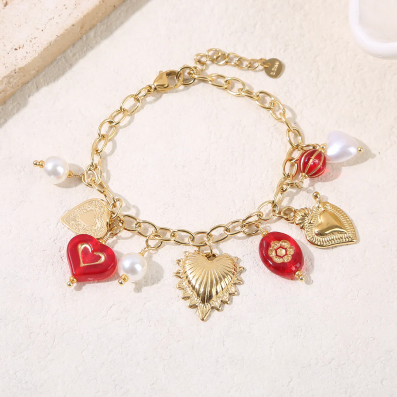 Label Deluxe Bijoux Label Deluxe EP armband 6580 Hearts red pearls 17 + 3 CM