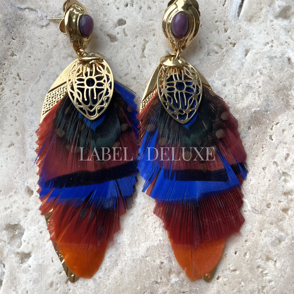 Gas Bijoux Jewelry Gas Bijoux oorbellen SAO feathers 164605 Earrings Blue orange red gold 7,5 CM - 2,7 CM