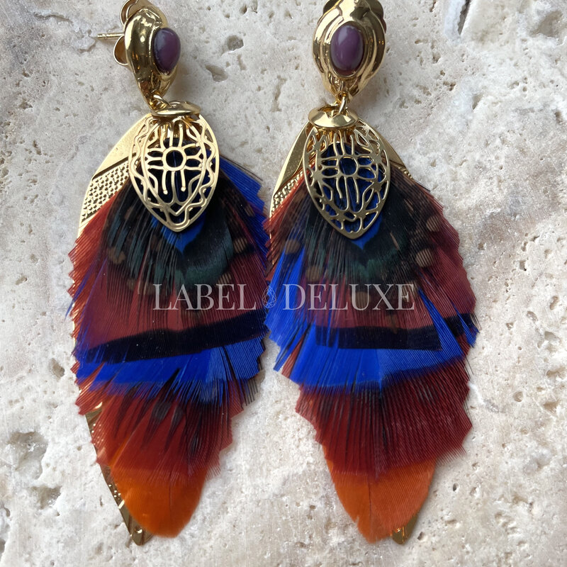 Gas Bijoux Jewelry Gas Bijoux oorbellen SAO feathers 164605 Earrings Blue orange red gold 7,5 CM - 2,7 CM