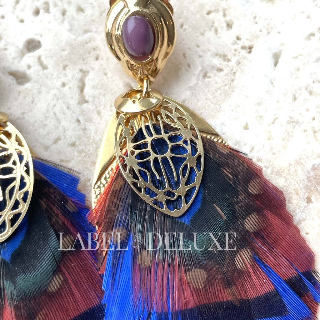Gas Bijoux Jewelry Gas Bijoux oorbellen SAO feathers 164605 Earrings Blue orange red gold 7,5 CM - 2,7 CM
