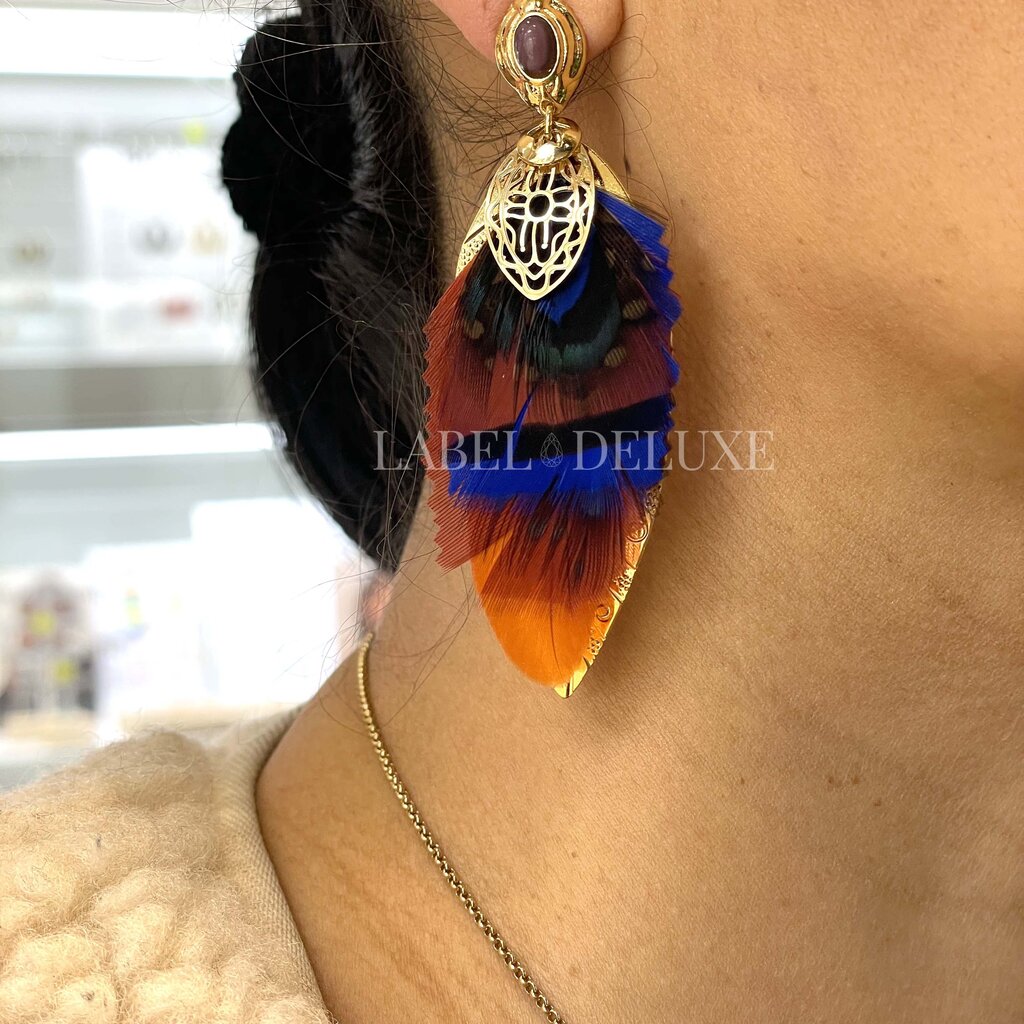 Gas Bijoux Jewelry Gas Bijoux oorbellen SAO feathers 164605 Earrings Blue orange red gold 7,5 CM - 2,7 CM
