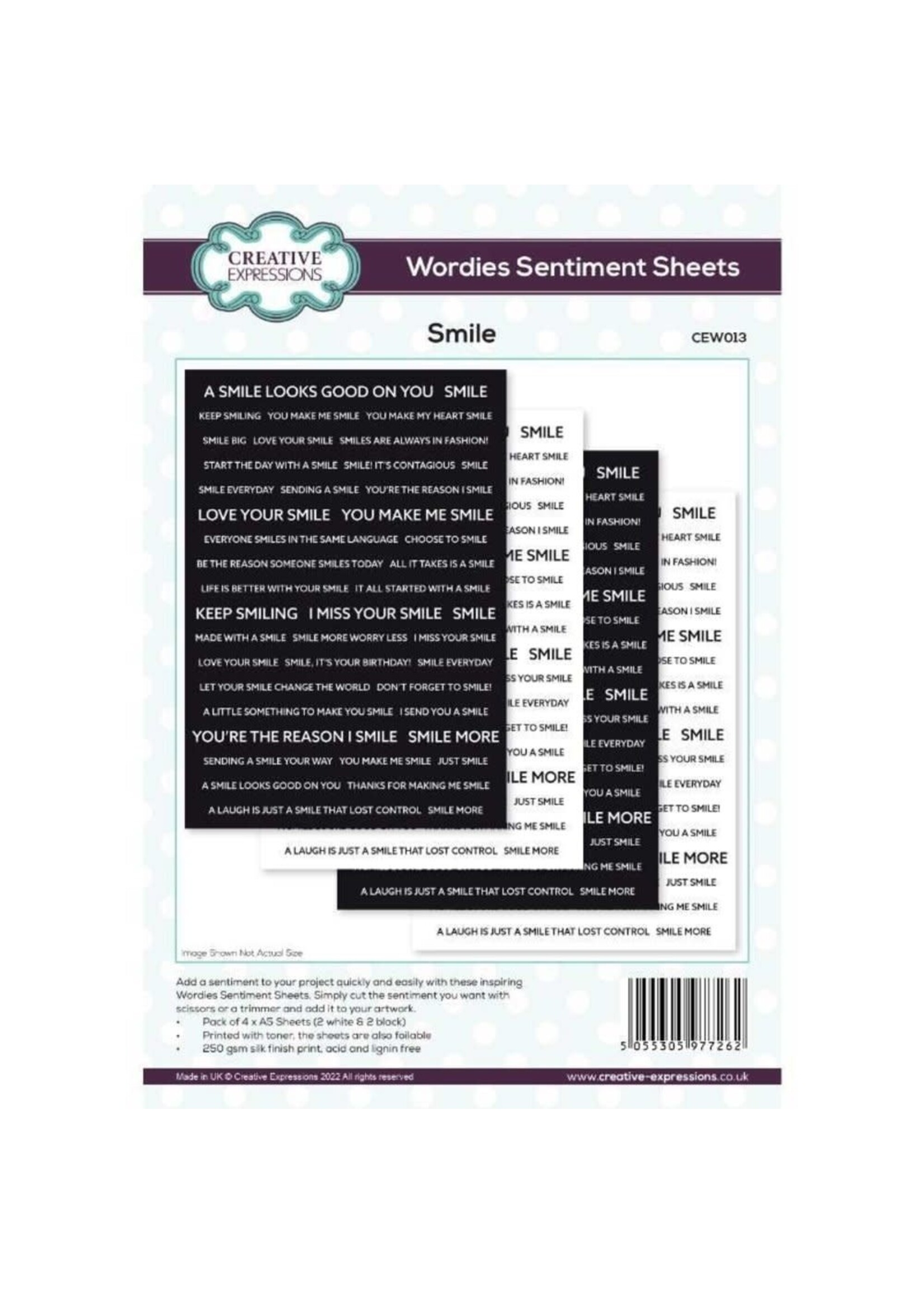 creative expressions Wordies Sentiment Sheets 6x8 Inch Smile (4pcs) (CEW013)