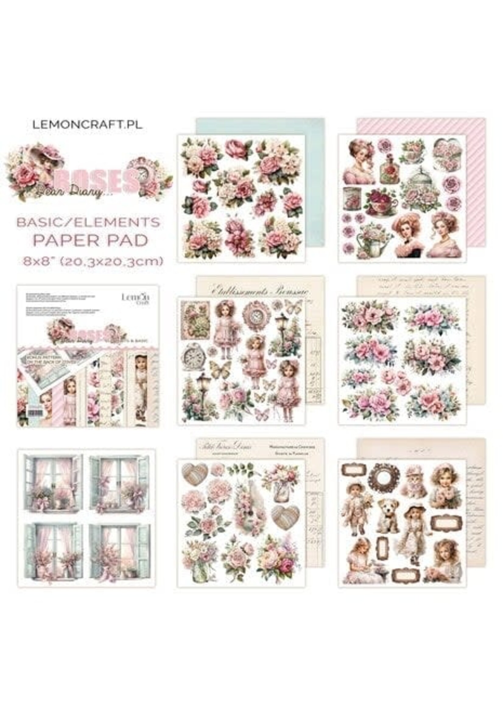 Lemon Craft Dear Diary Roses Elements & Basics 8x8 Inch Paper Pad (LEM-DD-ROSES-03)