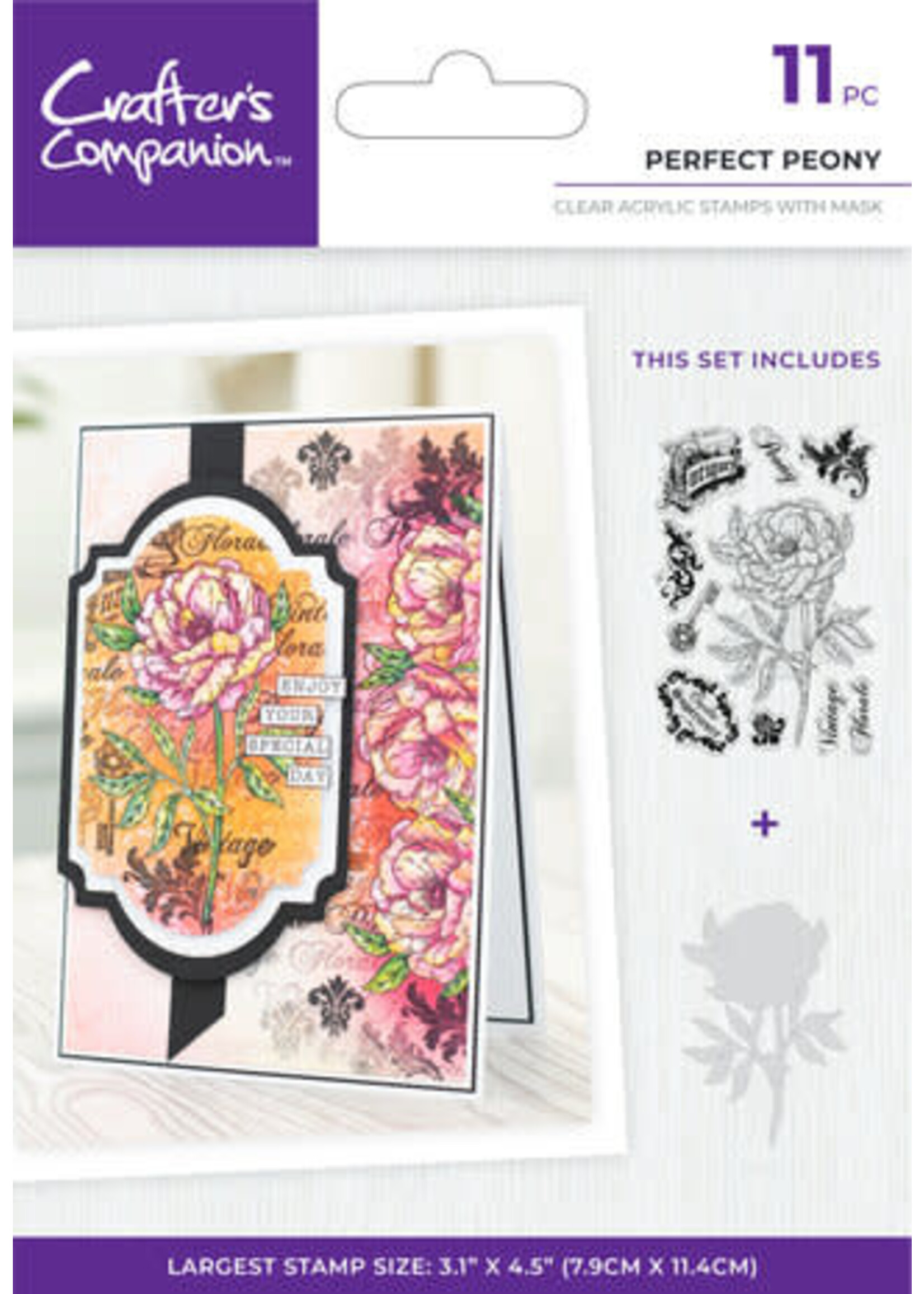 Crafters Companion Floral Collage Clear Stamp w/ Mask 4x6 Inch Perfect Peony (CC-CA-ST-PERPE)
