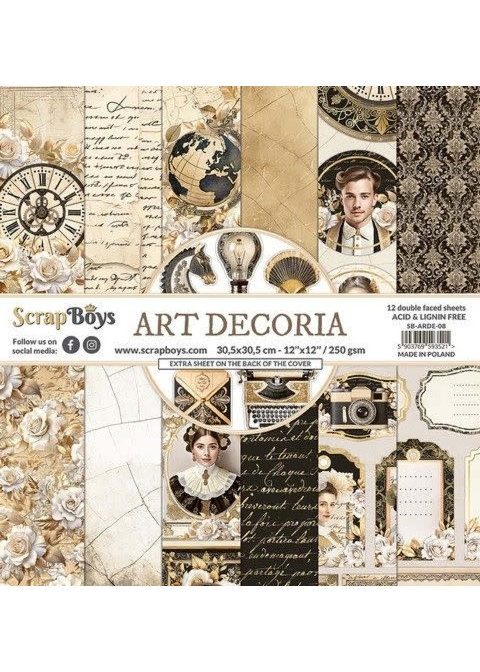 ScrapBoys Art Decoria paperset 12 vl+cut out elements-DZ SB-ARDE-08 250gr 30,5cmx30,5cm