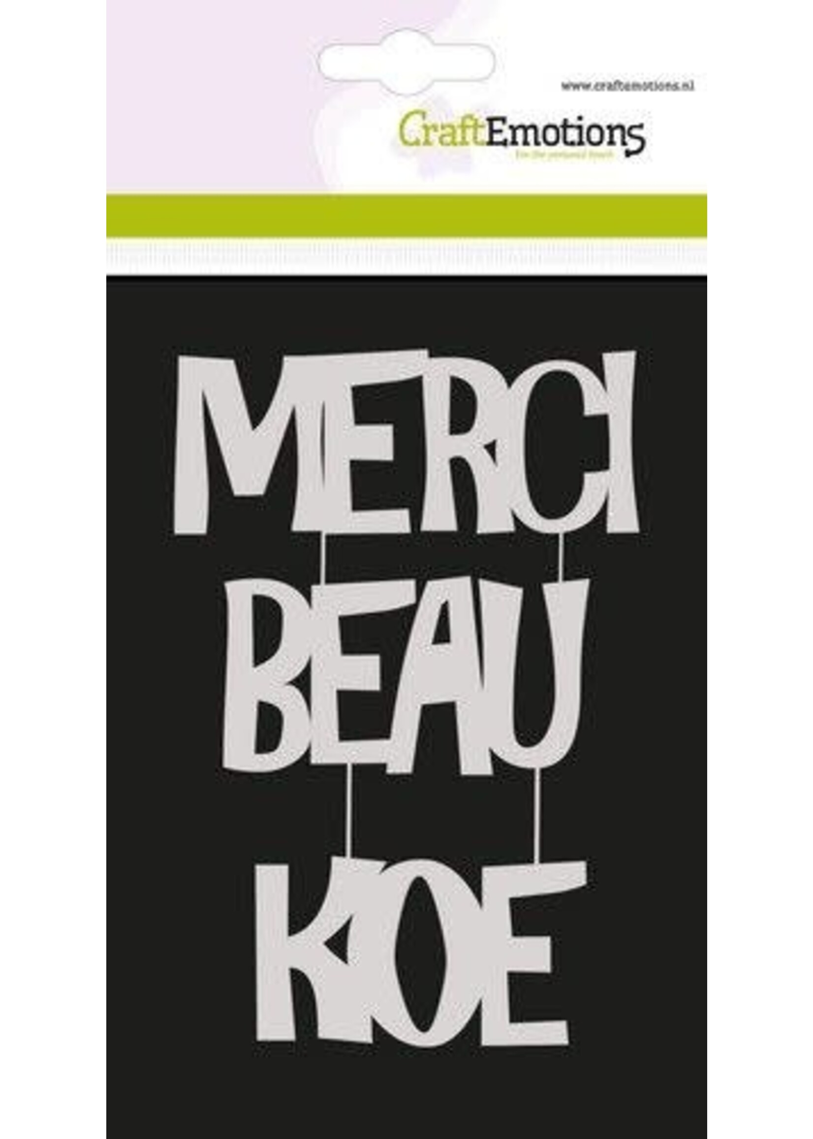 CraftEmotions Mask stencil - Tekst MERCI BEAU KOE (NL) Carla Creaties (04-24) Artikelnummer 185070/0207