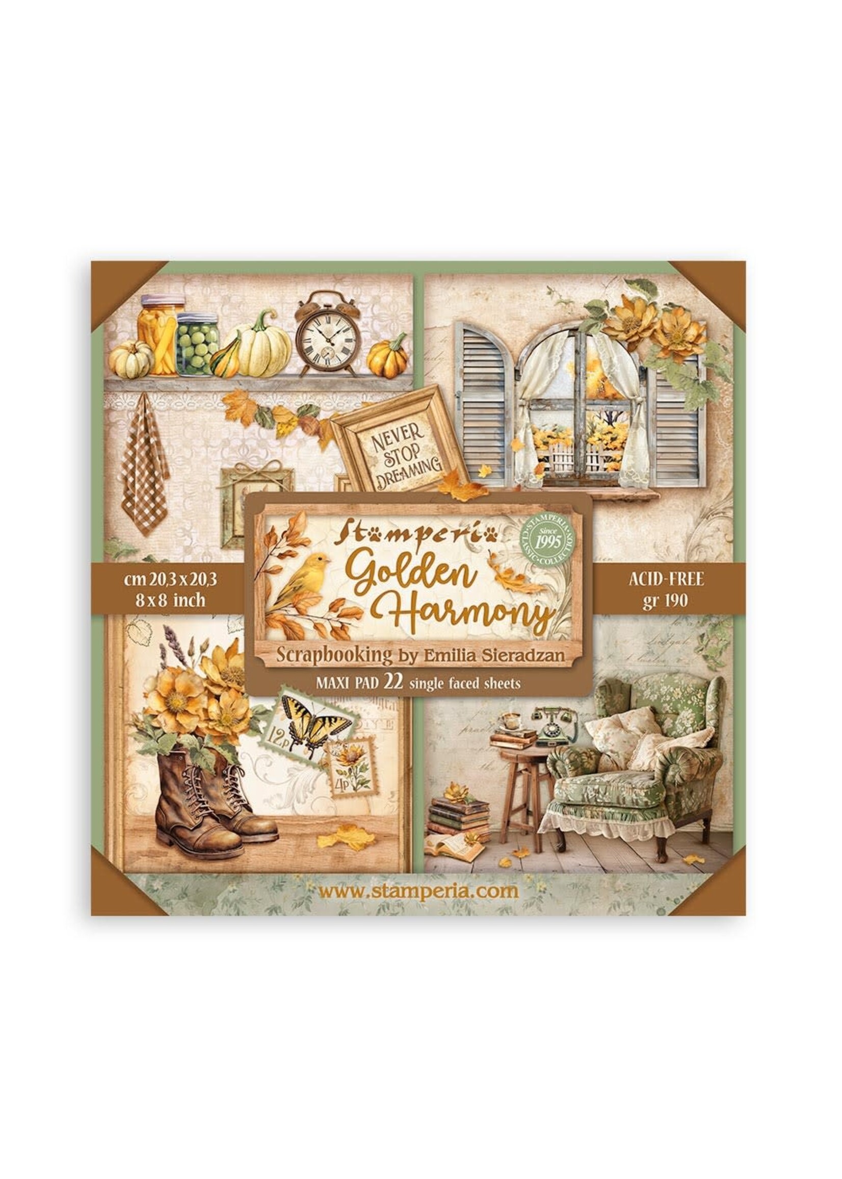 Scrapbooking Pad 22 vellen cm 20,3X20,3 (8"X8") Single Face Golden Harmony CME-code: SBBSXB05