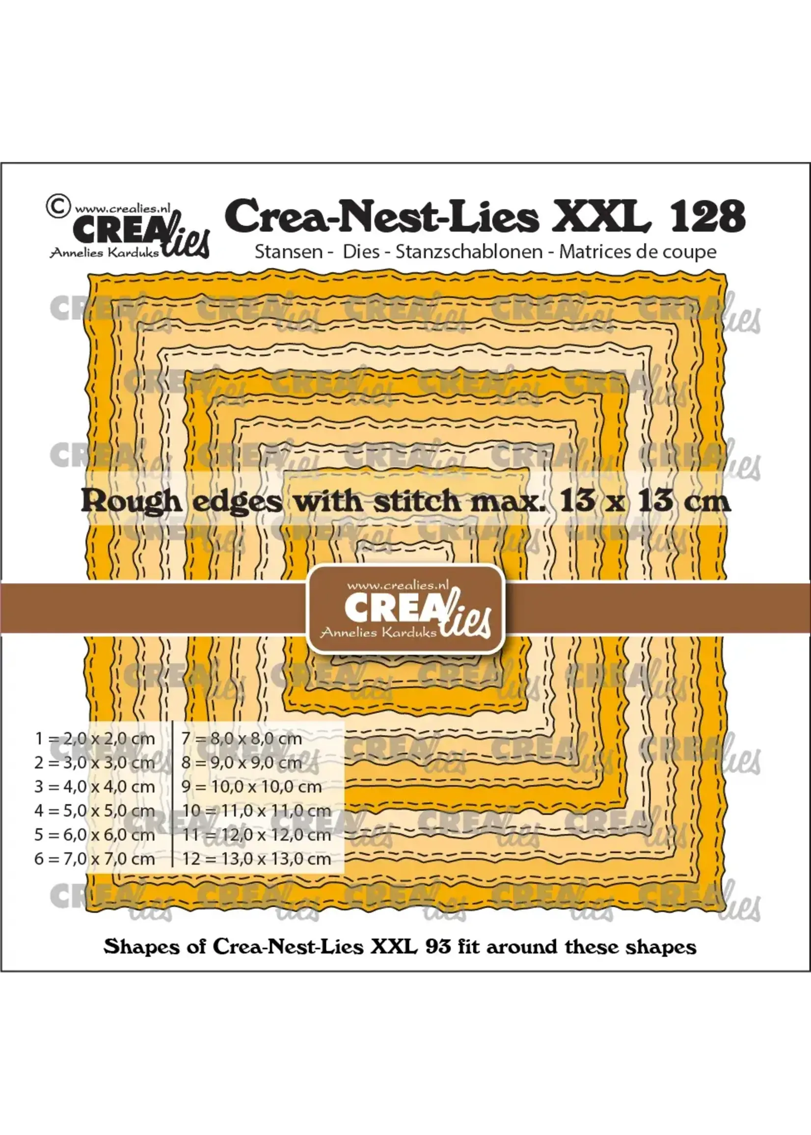 Crealies • Crea-Nest-Lies XXL Snijmal Vierkanten met Ruwe Randen en Stiklijn CrealiesCLNESTXXL128