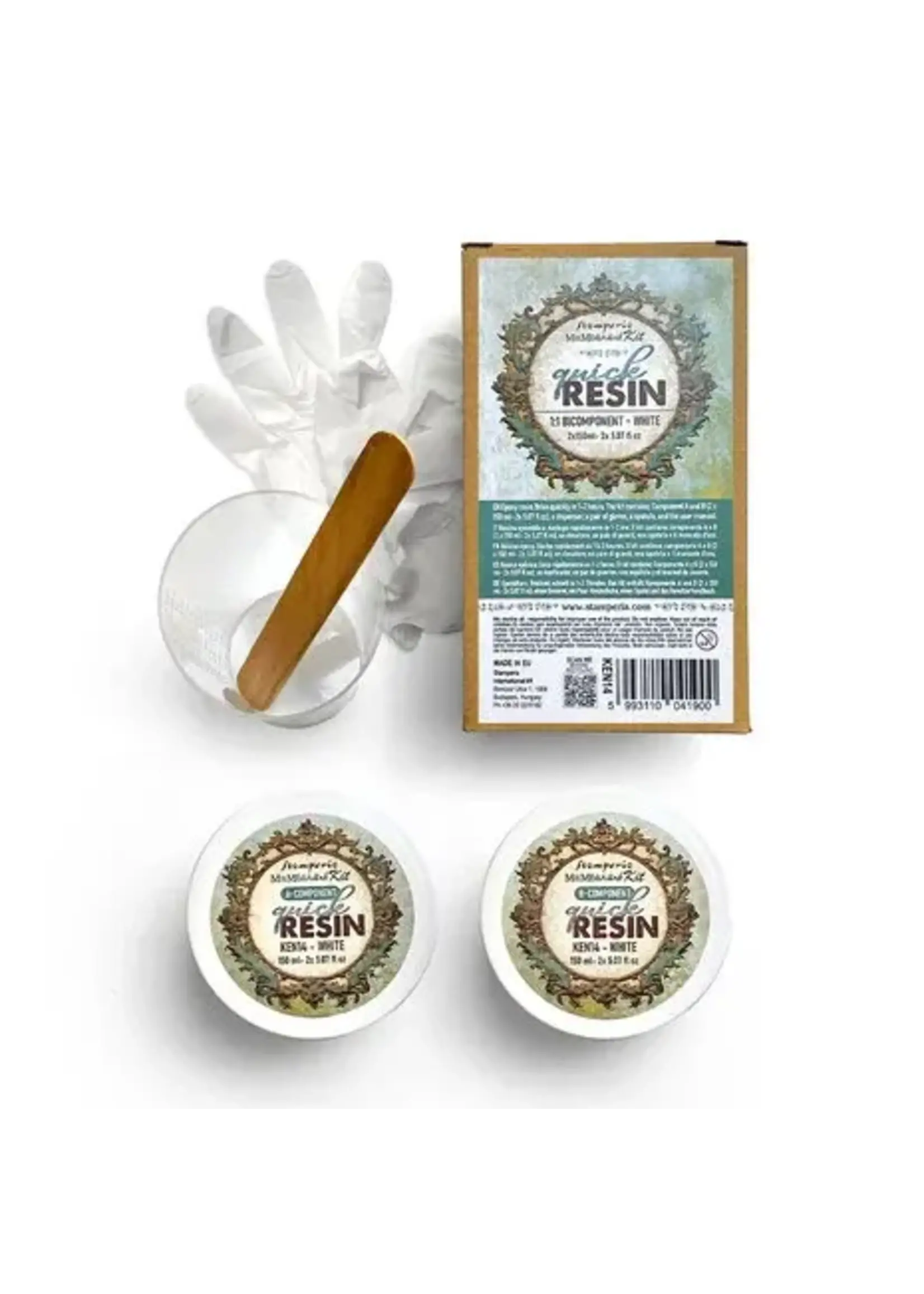 Quick Resin 1:1 Bicomponent White (2x150ml) (KEN14)  Epoxy resin that dries in 1-2 hours according to thickness. Inside: Component A and B ( 2x150ml - 2x5.07 fl oz), dispenser, pair of gloves, spatula and the user manual.